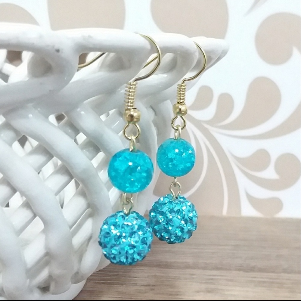 Turquoise Crackle Glass & Rhinestone Earrings